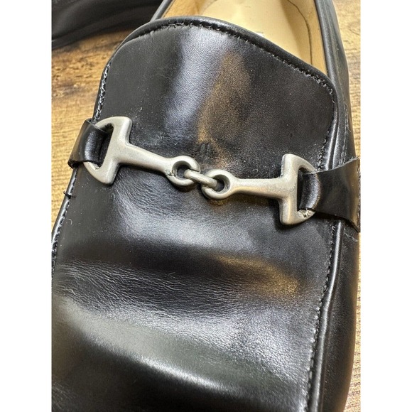 ANN TAYLOR BLACK LEATHER LOAFERS BLOCK HEELS SILVER EQUINE ACCENT 8M Italy - Picture 7 of 9